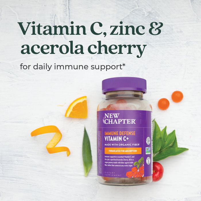 A bottle of New Chapter Immune Defense Vitamin C+ Gummies, Citrus Flavored, is displayed with orange slices, acerola cherries, and green leaves. Text: Immune defense with Vitamin C, zinc & organic Blue Agave fiber for daily support.