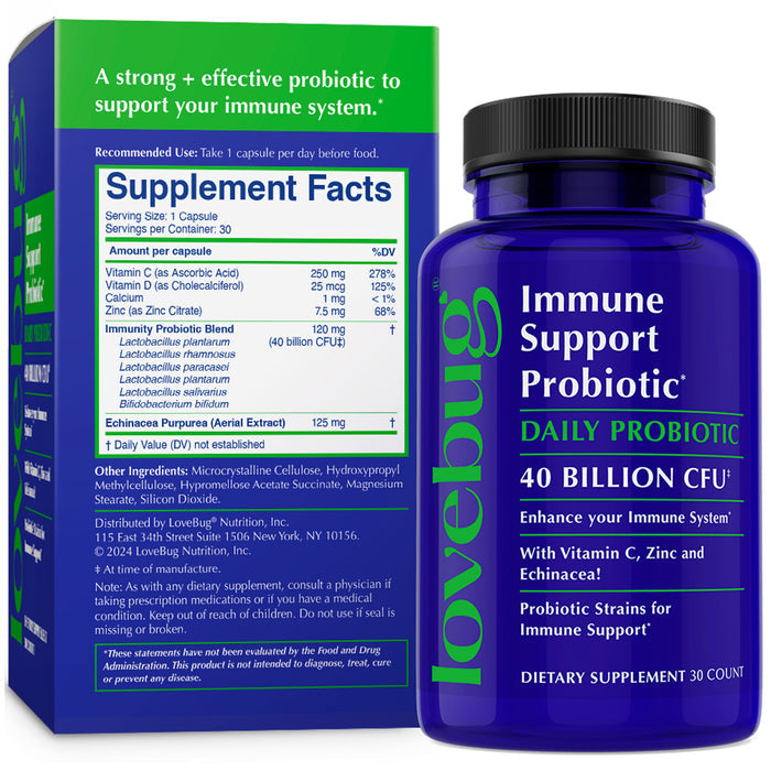 A bottle of Lovebug Immune Support Probiotic and its box. The label showcases 40 Billion CFU with Vitamin C and Zinc. The box displays supplement facts and a detailed list of Echinacea ingredients.