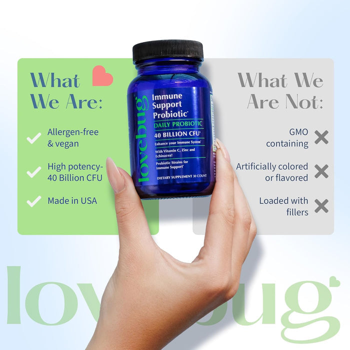 A hand holds a blue bottle of Lovebug Immune Support Probiotic. Text highlights its high potency, immune-boosting formula, made in the USA without allergens, GMOs, fillers, or artificial ingredients.