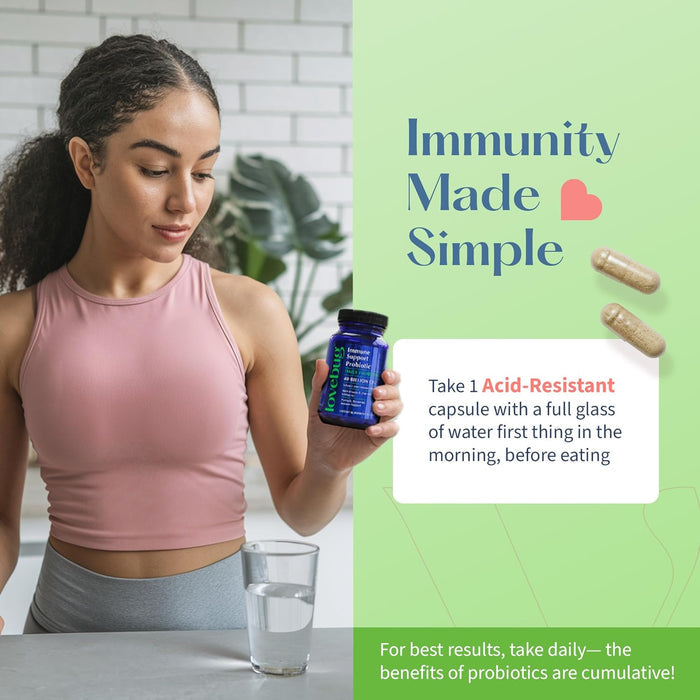 A woman in a pink sports top holds a blue Lovebug Immune Support Probiotic bottle beside a glass of water. Text reads, “Immunity Made Simple,” with probiotic capsules and usage instructions for this high-potency supplement.