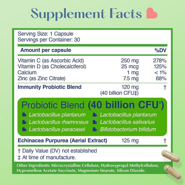 Supplement facts label for Lovebug Immune Support Probiotic, featuring vitamins C & D3, zinc, immune probiotic blend (40 billion CFU), echinacea extract, daily value percentages, and additional ingredients at the bottom.