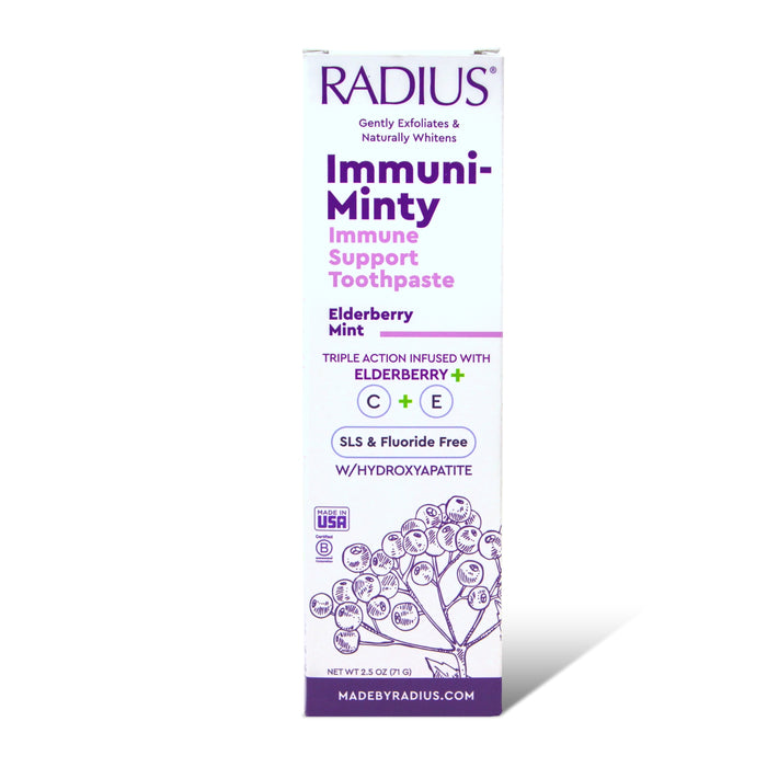 A white and purple box of Radius Immuni-Minty Adult Toothpaste, Elderberry Mint flavor, highlights elderberry, vitamins C & E, fluoride-free hydroxyapatite formula, with a berry illustration at the bottom.