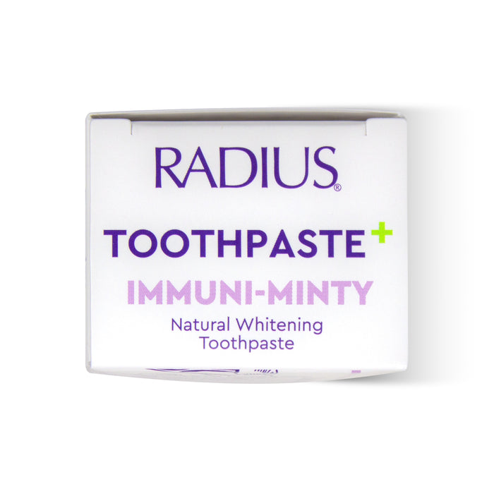 Box of Radius Immuni-Minty Adult Toothpaste with hydroxyapatite and elderberry, featuring the product name and description on a white background.