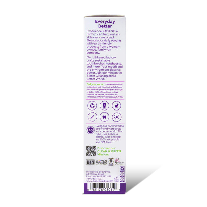 The back of a Radius product box showcases its sustainable, certified, women-owned care—featuring Immuni-Minty Adult Toothpaste. Certification icons and a barcode appear below on a white background with purple text.