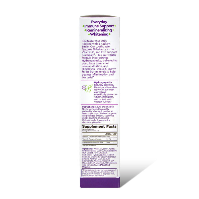 The side panel of Radius Immuni-Minty Adult Toothpaste highlights benefits like remineralizing, whitening, and immune support with elderberry, lists supplement facts, ingredients, usage directions, and features hydroxyapatite and Himalayan salt.