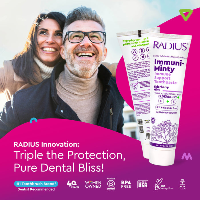 A smiling middle-aged couple stands outdoors. In the foreground is a tube of Radius Immuni-Minty Adult Toothpaste with elderberry and hydroxyapatite, featuring immune support, triple dental protection, fluoride free, and cruelty free benefits.