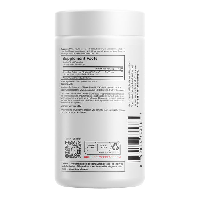 A white bottle labeled Immuno Colostrum by Codeage features supplement facts and a barcode, designed for immune support. It suggests taking 3-6 capsules daily and includes icons for scanning, recycling, cap disposal. Contact info and website are listed at the bottom.