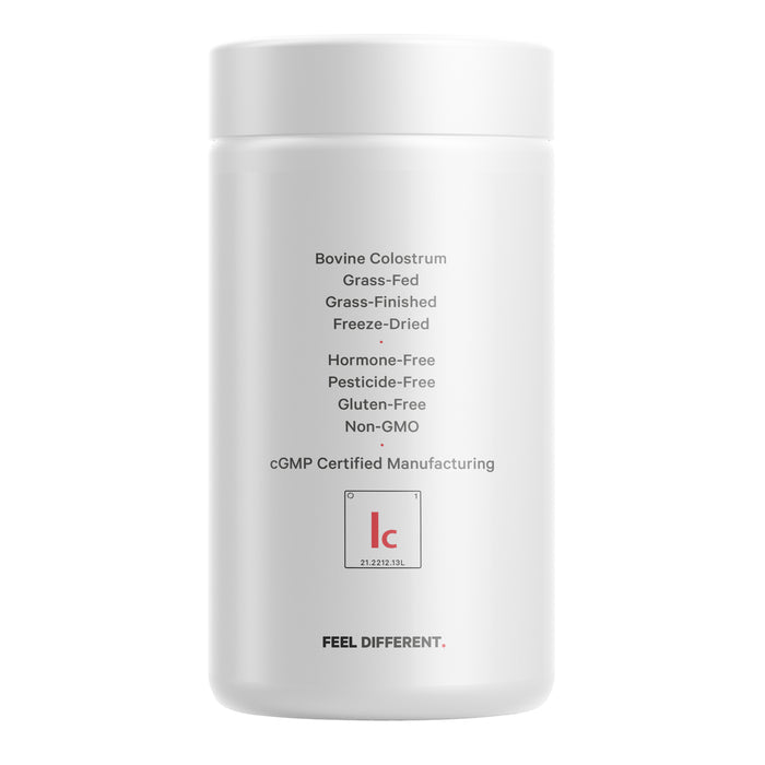 A white container labeled Immuno Colostrum by Codeage highlights its role as a colostrum supplement, featuring Grass-Fed, Grass-Finished, and Freeze-Dried benefits for optimal immune support. It is hormone-free, pesticide-free, gluten-free, non-GMO, and ends with: FEEL DIFFERENT.