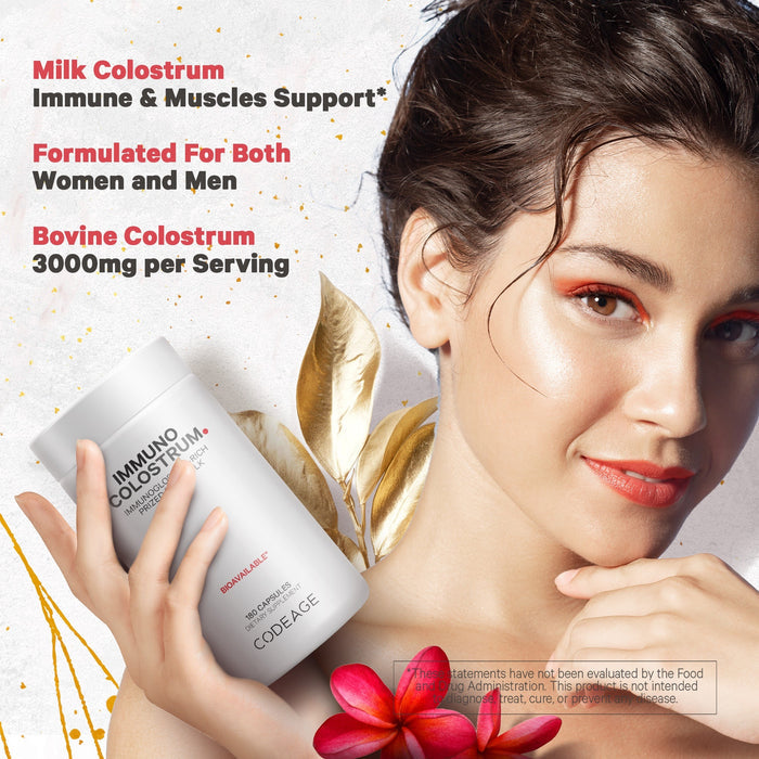 A woman with highlighted skin holds a bottle of CODEAGE Bovine Colostrum supplement. The label reads "IMMUNO COLOSTRUM™ Immune &amp; Muscles Support," "Formulated For Both Women and Men," and "Bovine Colostrum 3000mg per Serving." A flower is placed near her chin.