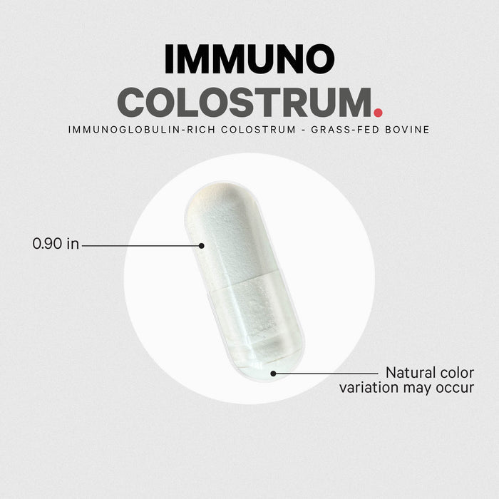 A white capsule labeled as "IMMUNO COLOSTRUM" with a size of 0.90 inches is shown. The product description emphasizes its immunoglobulin-rich colostrum from grass-fed bovine sources and mentions natural color variation.