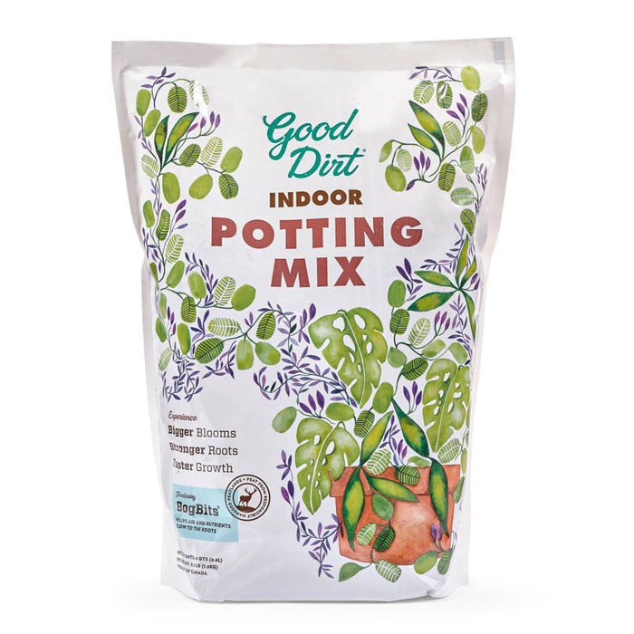 The Indoor Potting Soil Mix from Good Dirt features green and purple foliage illustrations on a white background and promotes bigger blooms, stronger roots, faster growth, plus plant probiotics. A badge indicates BogBits Inside.