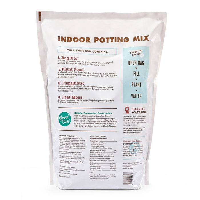 The back of a Good Dirt Indoor Potting Soil Mix bag showcases product info, including BogBits, plant probiotics, plant food, and peat moss. Instructions advise opening the bag, filling, planting, watering and highlight sustainability and smarter watering practices.