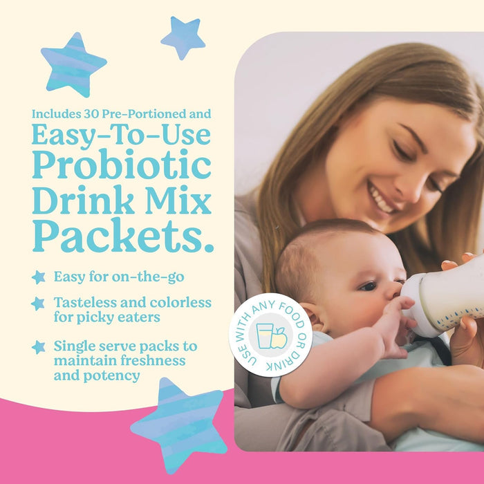 A smiling woman feeds a baby with a bottle. The text promotes Lovebug Infant Probiotics (0–6 months), an easy-to-use, tasteless, and portable drink mix in fresh packets. The design features pastel stars and soft colors.