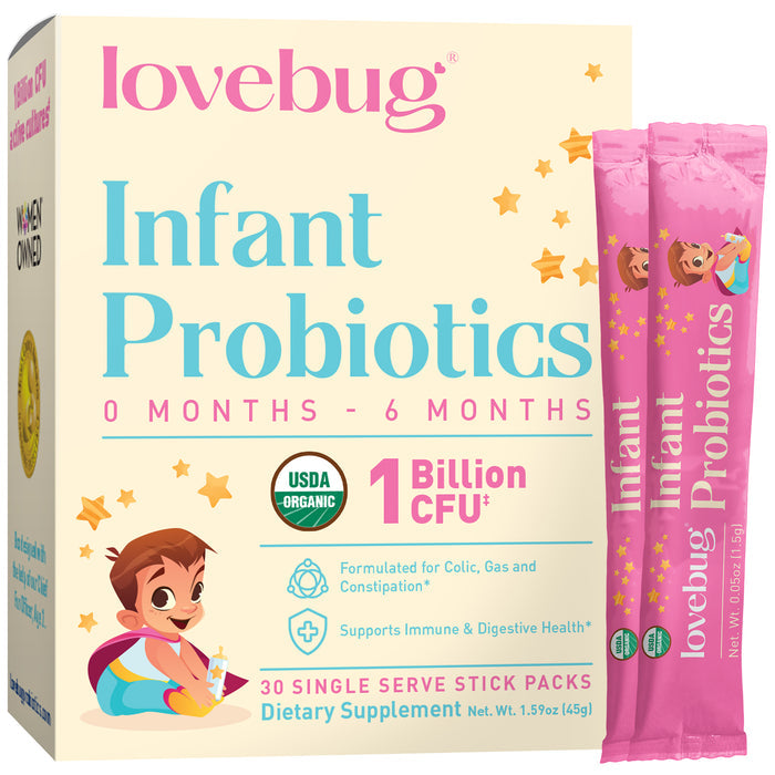 Lovebug Infant Probiotics (0 to 6 months) features a cartoon baby and two pink single-serve sticks. This USDA Organic newborn supplement supports digestive health with 1 Billion CFU for gut flora balance.