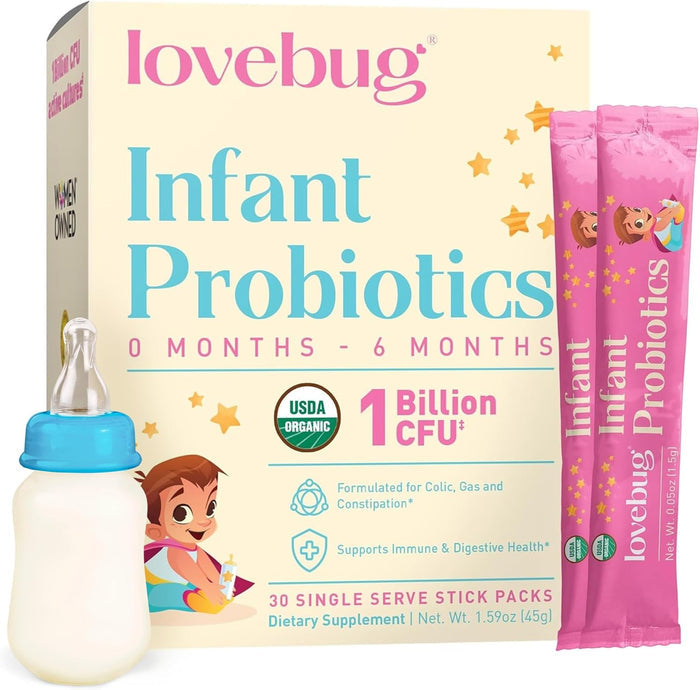A box of Lovebug Infant Probiotics, 0 to 6 months, USDA Organic with 1 Billion CFU, shown with two pink stick packs and a baby bottle. The packaging has a smiling baby and highlights this gentle newborn supplement for gut health.