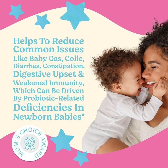 A smiling mom holds her laughing baby in a pink and cream graphic. Blue and cream text features Lovebug Infant Probiotics (0-6 months), highlighting benefits like reducing gas, colic, diarrhea, constipation, and boosting immunity. Decorative stars accent the text.