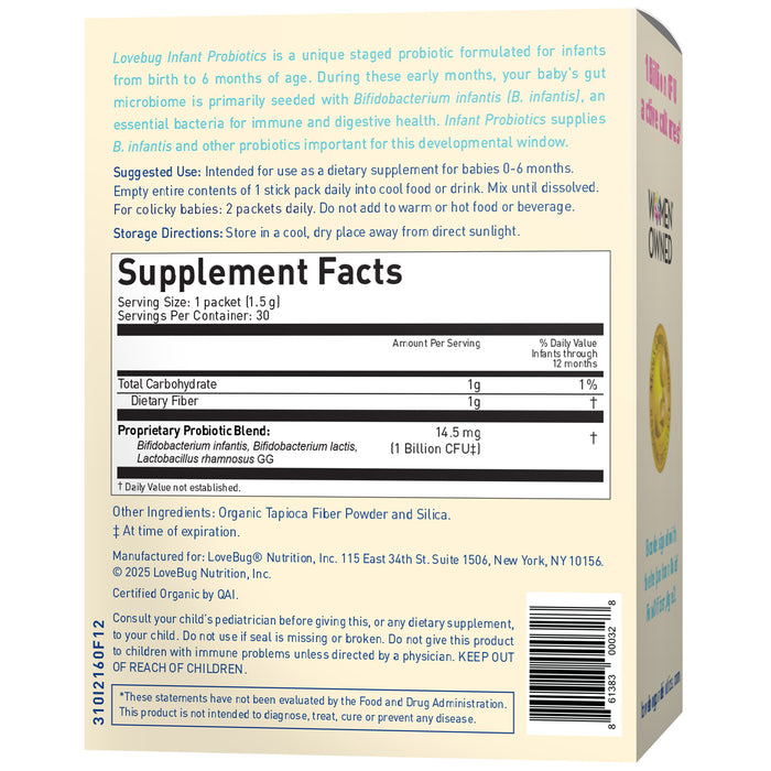 The back of a Lovebug Infant Probiotics, 0 to 6 months box shows supplement facts, directions, ingredients, warnings, and manufacturer info in black and green text on a white and yellow background to support healthy gut flora.