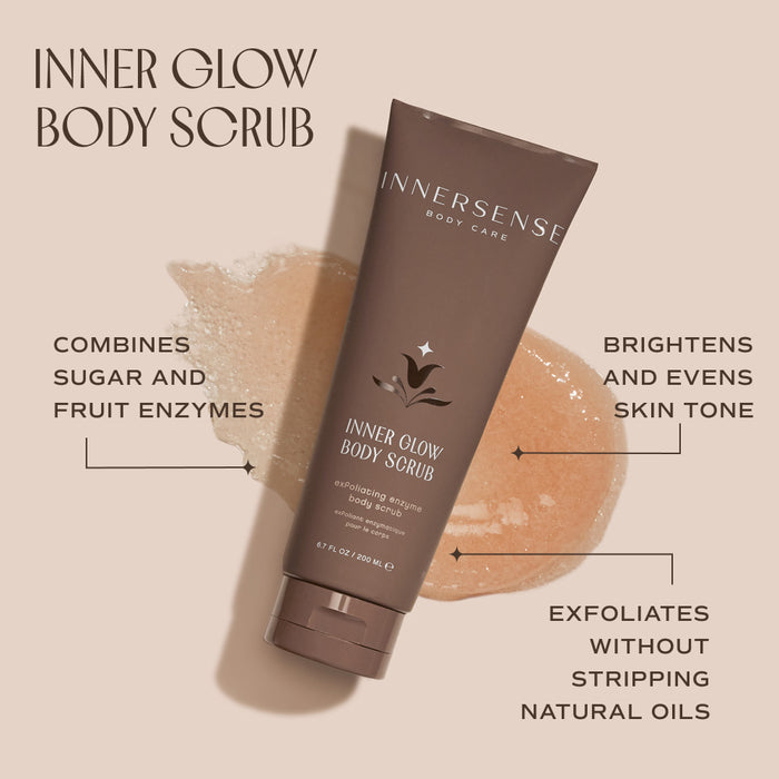 A tube of Innersense Inner Glow Body Scrub is placed on a light brown background with scrub texture beside it. Text highlights features: combines sugar and fruit enzymes, brightens and evens skin tone, exfoliates without stripping natural oils.