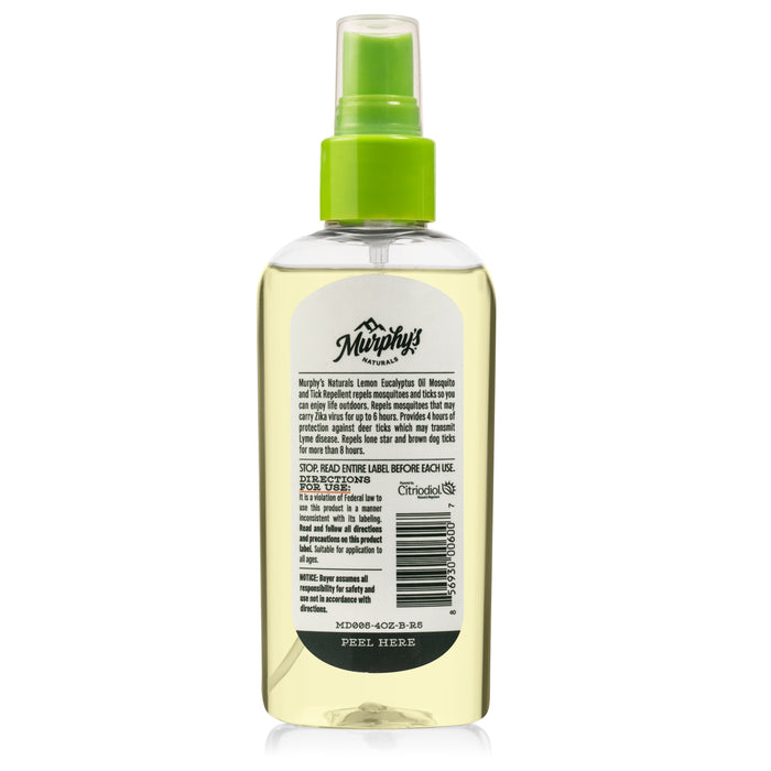 A DEET-free clear bottle of Murphys Naturals Insect Repellent Spray features a green nozzle and label, infused with lemon eucalyptus oil. The slightly yellow liquid against a white background offers an effective mosquito repellent solution.