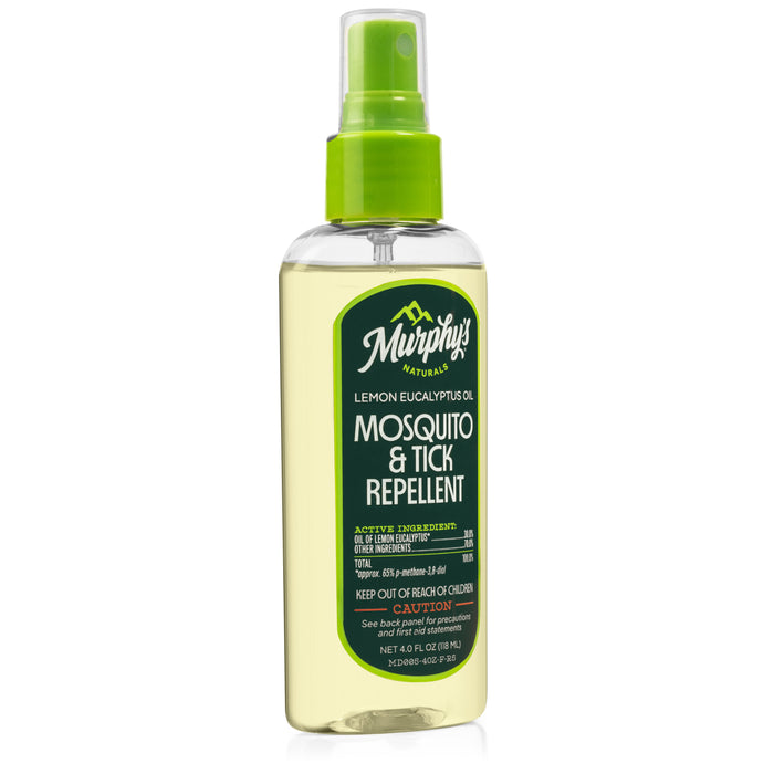 A clear spray bottle labeled Insect Repellent Spray by Murphys Naturals stands against a white background. Featuring a green cap and convenient nozzle, this DEET-free formula lists active ingredients and safety warnings on its label.