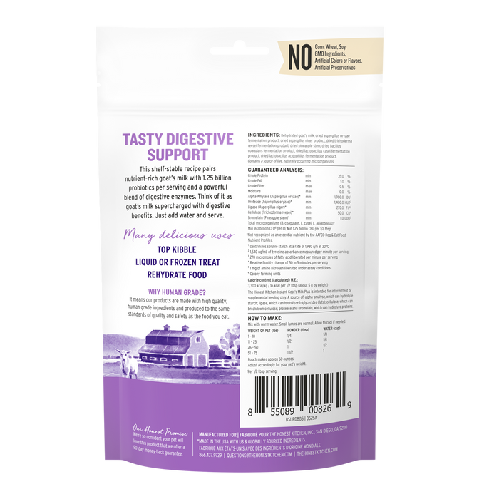 The back of The Honest Kitchen Instant Goat's Milk Plus package lists ingredients, nutrition facts, and feeding tips, spotlighting probiotics for dogs and cats. The design has purple accents and a small farm landscape illustration at the bottom.