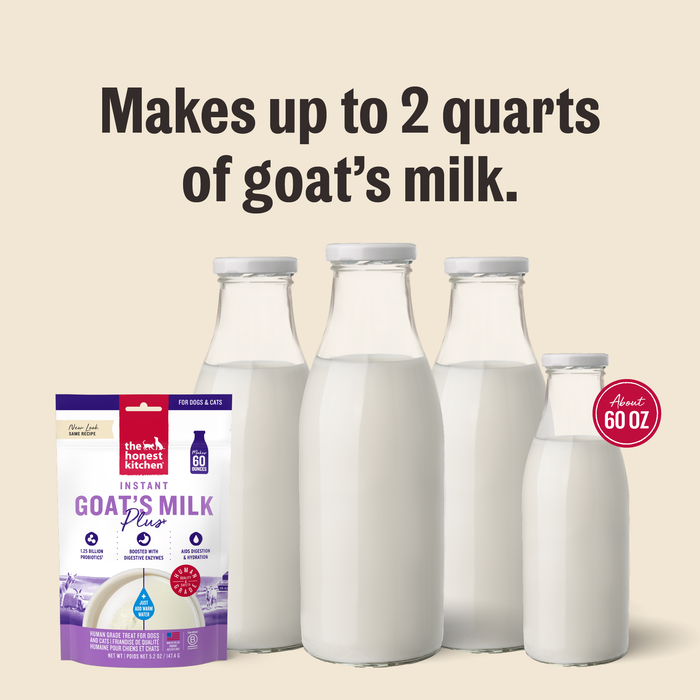 Four glass bottles of milk stand behind a packet of The Honest Kitchen Instant Goat’s Milk Plus with probiotics for pets. Above, text reads “Makes up to 2 quarts.” A red circle indicates “About 60 oz.”.