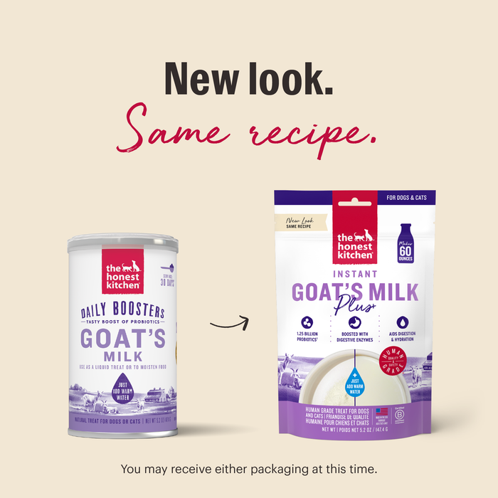 Two packages of The Honest Kitchen Instant Goat's Milk Plus for pets are shown side by side to highlight new packaging. Left: old design; right: updated look with text, "New look. Same recipe with probiotics for dogs and cats.