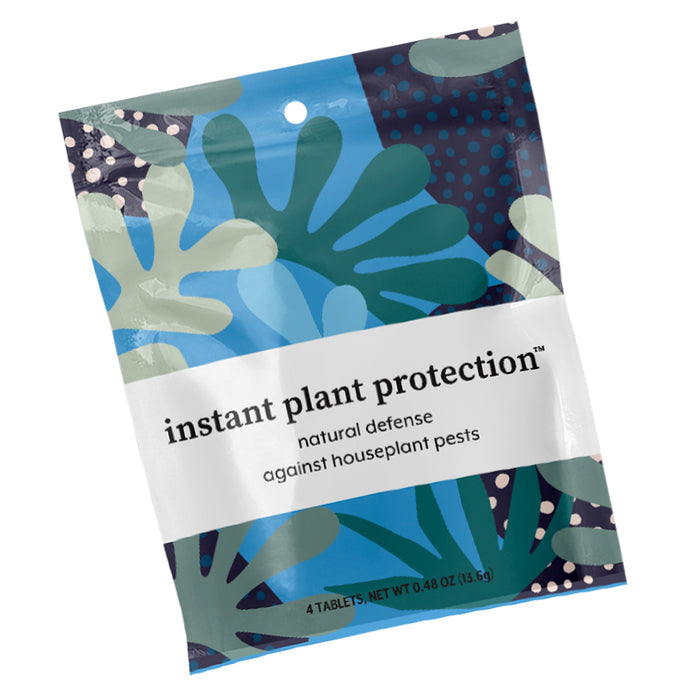 The Instant Plant Protection tablets by Instant Plant Food feature peppermint pest control with a blue and green abstract leaf design, providing natural protection against houseplant pests. Each package contains 4 tablets, totaling a net weight of 0.48 oz (13.5 g).