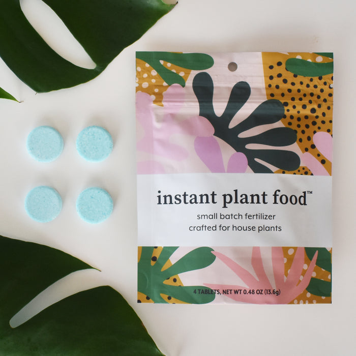 On a white surface, a colorful Instant Plant Food package is perfect for nourishing indoor plants. Four round blue tablets are arranged beside it, with large green leaves partly framing the scene, emphasizing enriched houseplants.