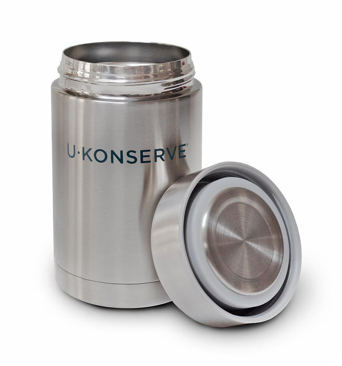 The U-Konserve Insulated Food Jar, made of stainless steel, exemplifies eco-friendliness and comes with a seamless screw-on lid that enhances its sleek, silver design.