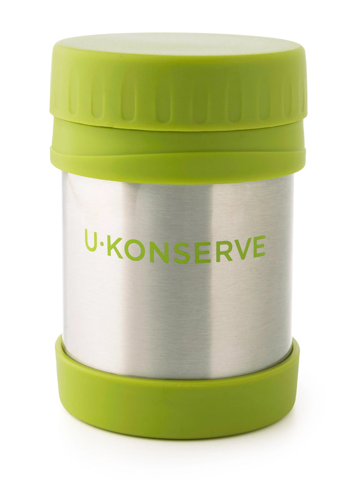 The U-Konserve Insulated Food Jar, featuring a stainless steel body with a green silicone lid and base, is sleek and eco-friendly, ideal for sustainable living.