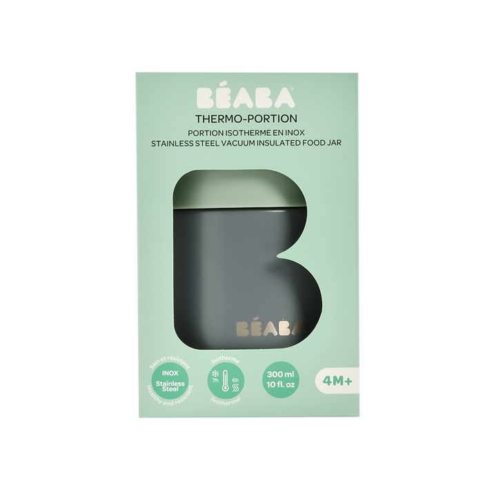 The BEABA Insulated Stainless Steel, Kid-Friendly Food Container Jar features green packaging with a B-shaped box cut-out revealing the jar. This 300 ml (10 fl. oz.) leak-proof container is suitable for ages 4 months and up.