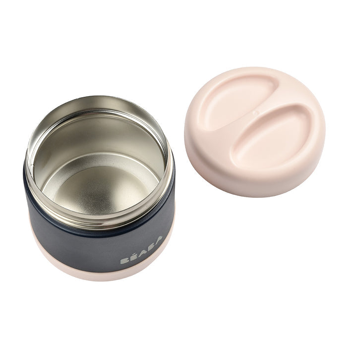 The BEABA Insulated Stainless Steel Food Container Jar is leakproof with a dark gray exterior featuring a subtle logo. Its spacious interior and beige screw-on lid with shallow grip indentations ensure meals stay temperature-controlled on the go.