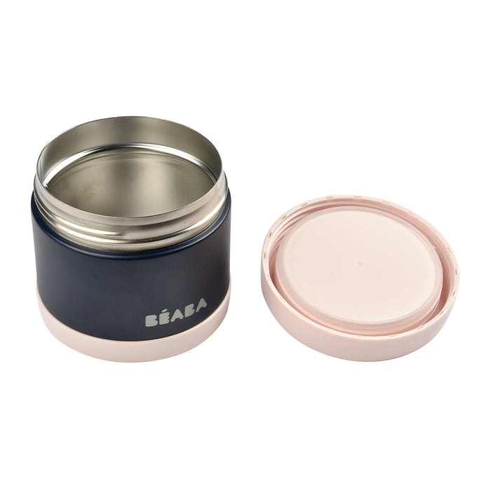 A black and pink BEABA Insulated Stainless Steel, Kid Friendly Food Container Jar with the lid off reveals its sleek interior. The nearby lid highlights its leakproof design, perfect for temperature-controlled meals, keeping food hot or cold as necessary.