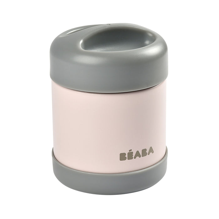 The BEABA Insulated Stainless Steel, Kid Friendly Food Container Jar features a sleek beige and gray cylindrical design with rounded lid and base. It has embossed branding, smooth edges, modern aesthetics, and stainless steel elements for a stylish yet leak-proof container.