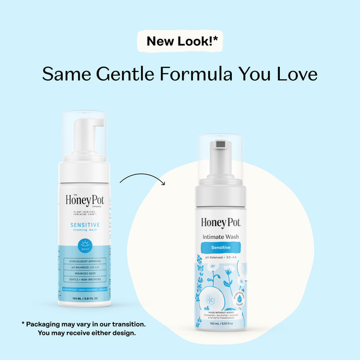 Two bottles of The Honeypot Company Foaming Wash - Sensitive are shown with an arrow indicating updated packaging. Text reads “New Look! Same gentle pH-balanced wash you love.” Fine print notes packaging may vary.