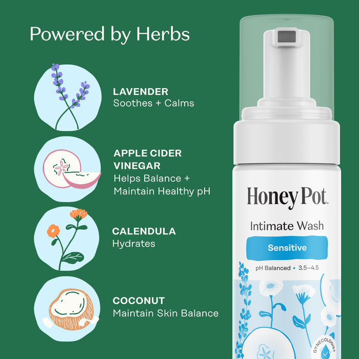 A bottle of The Honeypot Company Foaming Wash - Sensitive is shown with illustrations of lavender, apple cider vinegar, calendula, and coconut to highlight their soothing and hydrating benefits in this gentle pH-balanced feminine wash.
