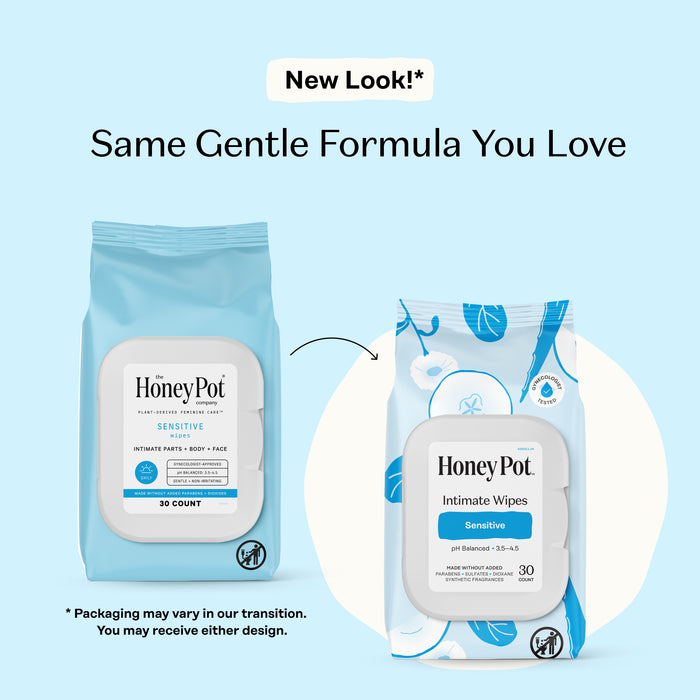 Two packs of The Honeypot Company Intimate Wipes - Sensitive are side by side, showing the updated packaging. Text reads: "New Look!* Same Gentle Formula." Each blue and white pack contains 30 wipes to help support healthy vaginal pH balance.