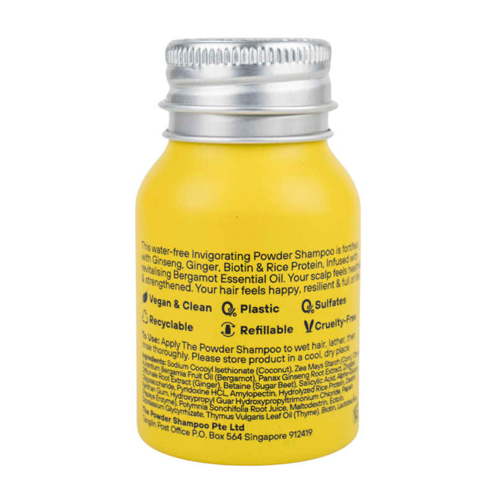 The Powder Shampoos Invigorating & Stimulating Powder Shampoo comes in a recyclable aluminum bottle offering hair growth benefits with ginseng, ginger, biotin, and rice protein. Its vegan, cruelty-free, refillable, plastic-free with clear usage instructions and ingredient details on the label.