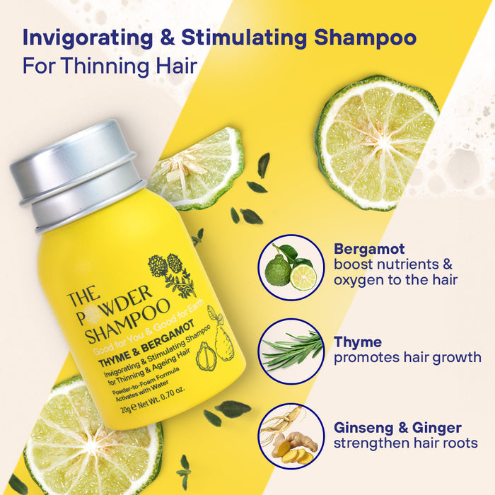 Yellow and white background featuring an invigorating and stimulating shampoo for thinning hair. Shows a bottle with thyme, bergamot, ginseng, and ginger illustrations, plus benefits: nutrient boost, hair growth promotion, and root strengthening.