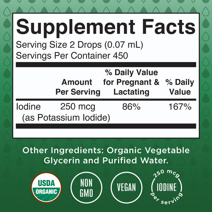 The Supplement Facts label for MaryRuths Nascent Iodine Liquid Drops, a key mineral supplement, shows a serving size of 2 drops with 250 mcg iodine per serving (86% DV for pregnant/lactating women, 167% DV). It contains organic vegetable glycerin and purified water. USDA Organic, Non-GMO, Vegan certified.