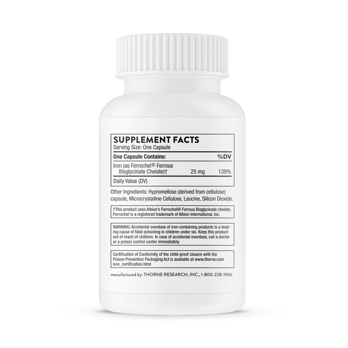 A white bottle of Thornes Iron Bisglycinate contains labels showing each capsule provides 25 mg of Iron (as Ferrous Bisglycinate Chelate), meeting 139% of the daily value to combat iron deficiency and support healthy red blood cells. Additional ingredients and manufacturing details are listed below.