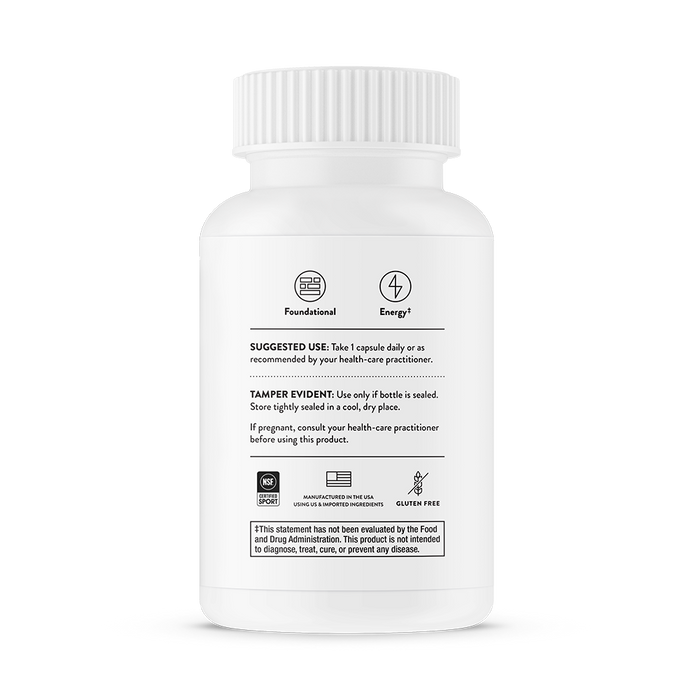 A white Thorne Iron Bisglycinate bottle with a Foundational and Energy label. Includes use instructions, tamper info, and disclaimers. This gluten-free supplement supports healthy red blood cells and is made in the USA.