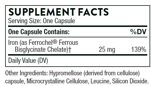 Supplement facts label for a capsule. Contains 25 mg of Iron (as Ferrochel® Ferrous Bisglycinate Chelate), 139% daily value. Other ingredients: hypromellose, microcrystalline cellulose, leucine, silicon dioxide. Serving size: one capsule.