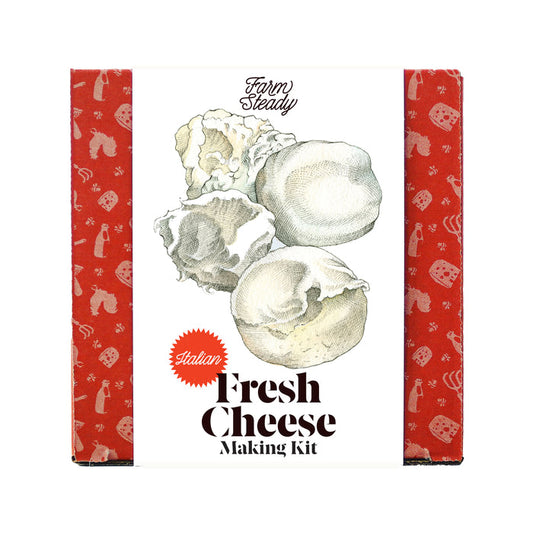 A square box adorned with a red pattern of cheese icons features a white label with images of mozzarella and burrata. It reads FarmSteady and Italian Fresh Cheese Making Kit in black and red font.