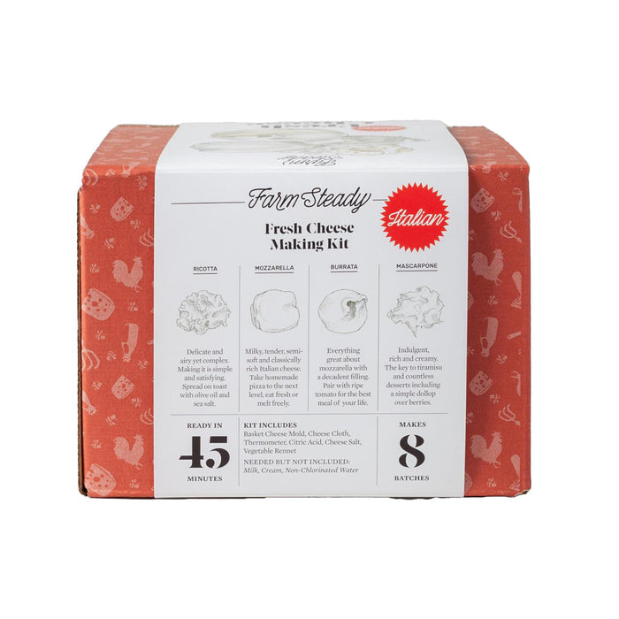 The FarmSteady Italian Fresh Cheese Making Kit, in eye-catching red packaging, includes everything needed to craft mozzarella, ricotta, burrata, and mascarpone. Make 8 batches of fresh cheese in just 45 minutes with included cheesecloth and thermometer.