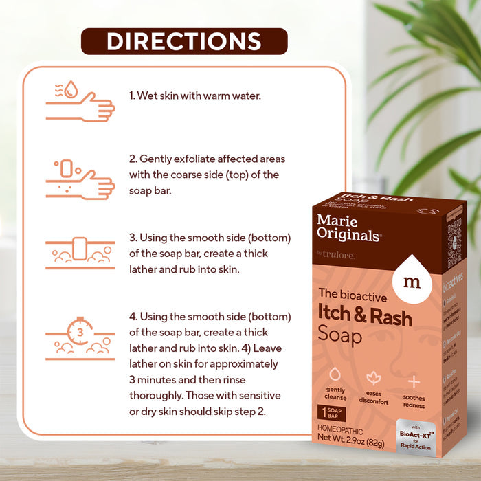 Instructional graphic for Marie Originals Itch Relief Soap. Text and icons show how to use on wet skin, alternate the coarse and smooth sides, then rinse after three minutes—ideal for sensitive skin. Soap box appears on the right.
