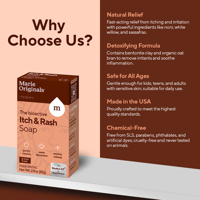 A box of Marie Originals Itch Relief Soap appears beside text listing benefits: natural skin care, detoxifying formula, safe for sensitive skin and all ages, made in the USA, chemical-free. The headline says “Why Choose Us?”.