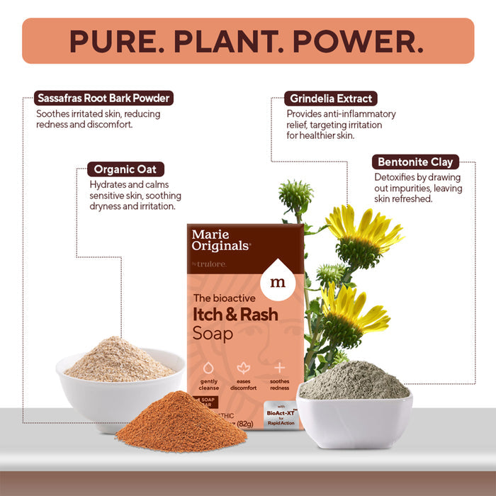 Marie Originals Itch Relief Soap is showcased with bowls of orange and gray powders and yellow flowers. Text highlights skincare benefits for sensitive skin and key ingredients, all set against a white background.