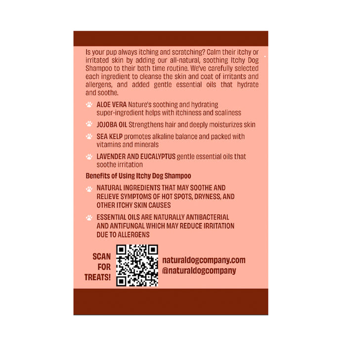 The image displays the Itchy Dog Shampoo label by Natural Dog Company, highlighting its soothing hypoallergenic formula with natural ingredients like aloe vera, jojoba oil, sea kelp, lavender, and eucalyptus oil. A QR code and contact information are also included.